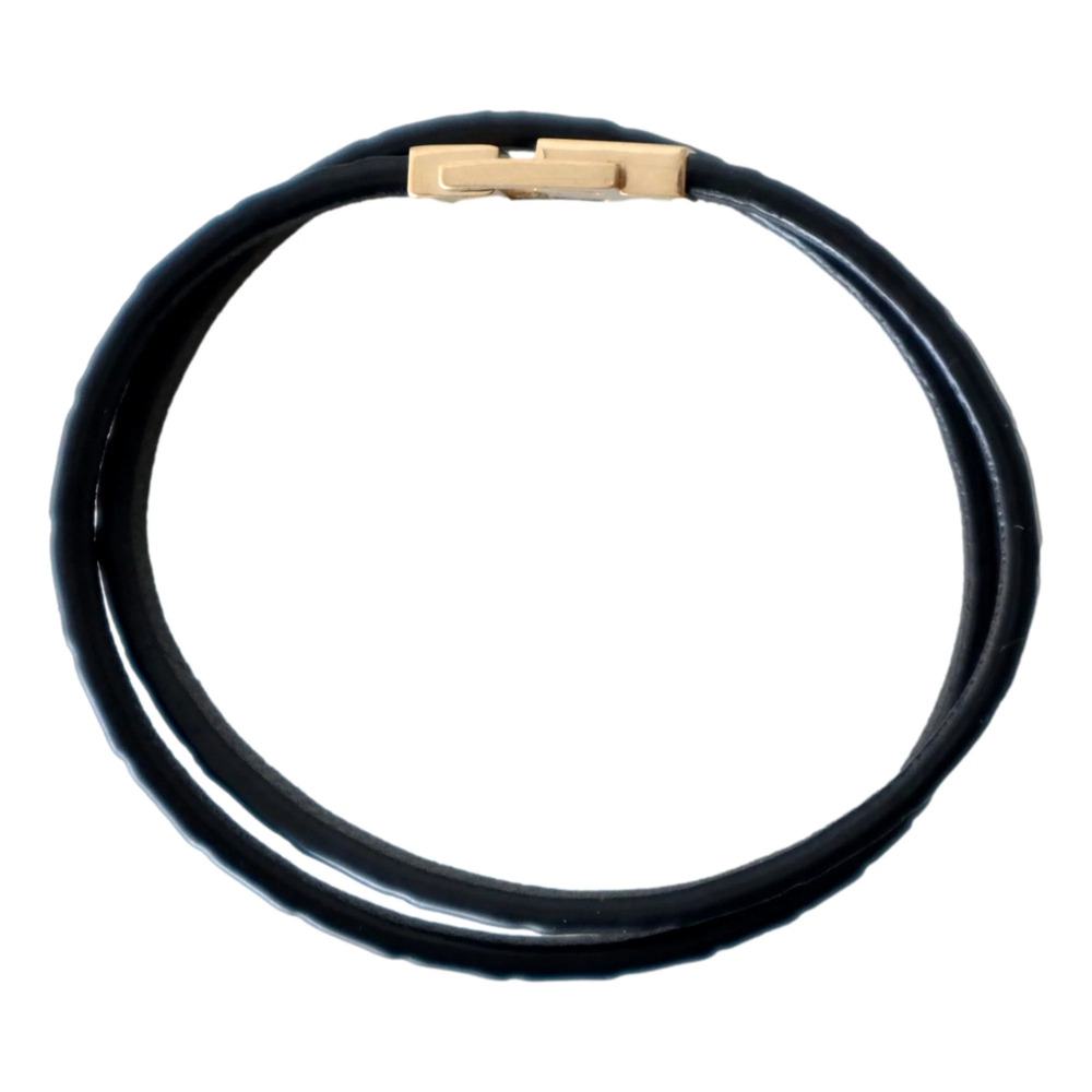 Saint Laurent Black Leather Thin Wrap Bracelet with Gold-Tone Engraved - Picture 2 of 4